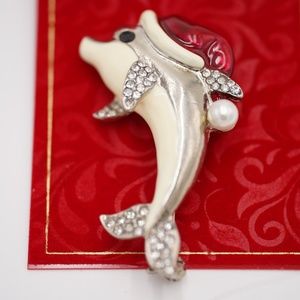 Holiday Lane Silver Tone Crystal Imitation Pearl Dolphin Pin NEW